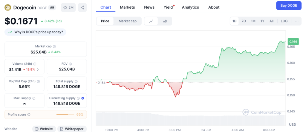 نمودار قیمت و اطلاعات بازار دوج کوین (DOGE) - منبع: CoinMarketCap